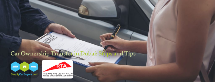 Car ownership transfer in Dubai at an RTA center with prepared documents